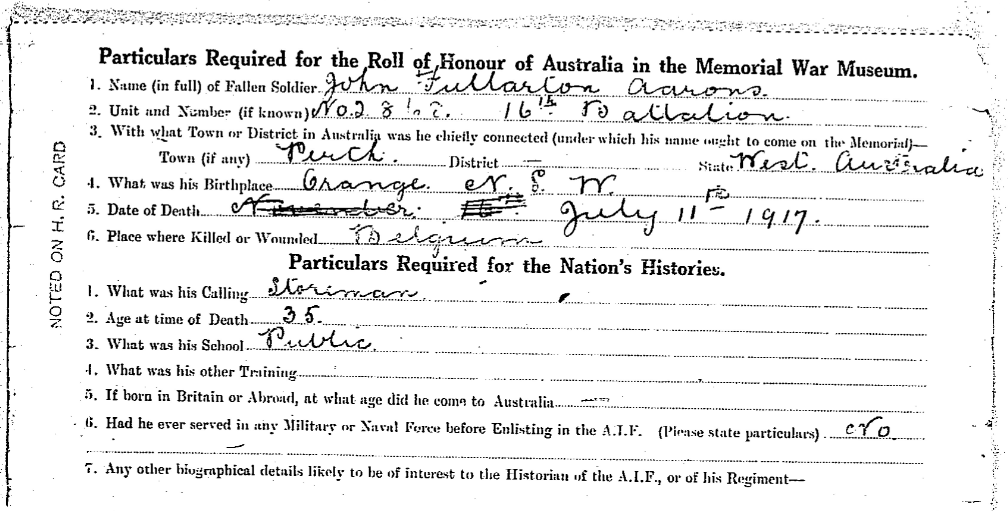A snippet from Findmypast's Australian Commemorative Roll of Honour