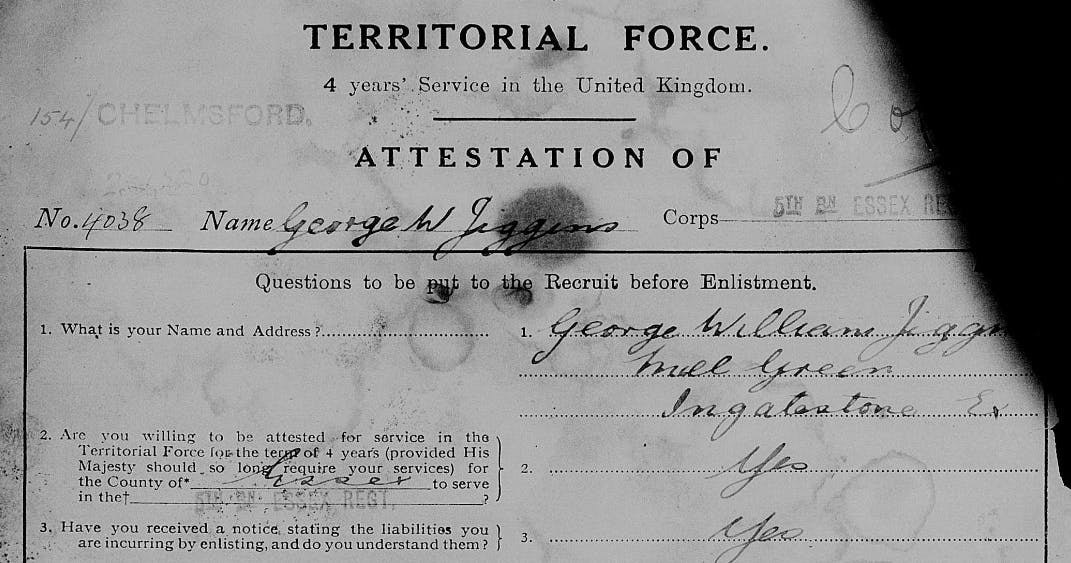 A 1915 Territorial Force attestation from the Essex Regiment. 