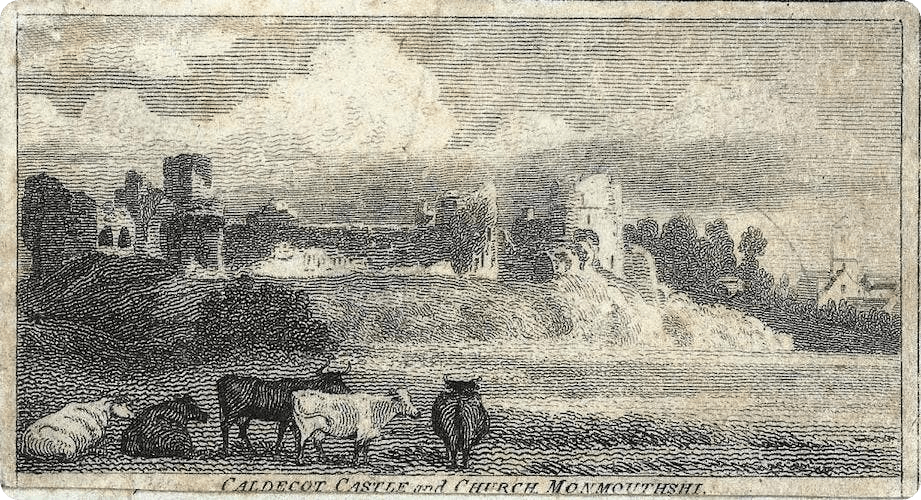 An engraving of Caldicot Castle and Church in Monmouthshire from around 1800.
