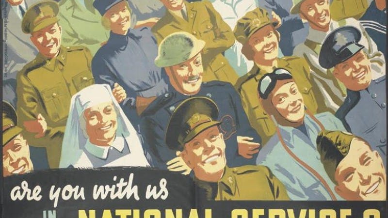 Poster from the WW2 for the national service. A crowd of men and women are drawn marching. You can see a nurse and soldiers in various uniforms including one from the RAF. At the bottom, two lines of text read: "Are you with us in National Service?".