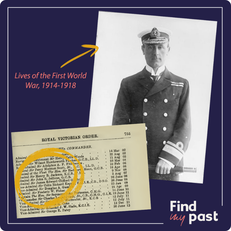 Admiral John Jellicoe in the Lives of the First World War 1914-1918 collection, alongside his service record found in Britain, Royal Navy, Navy Lists 1827-1945.