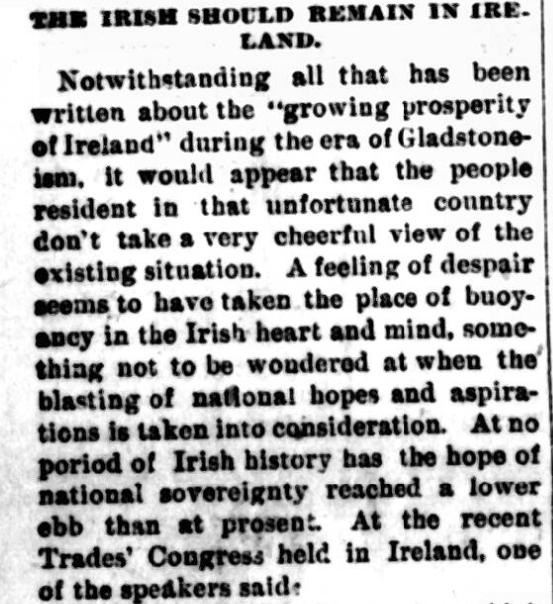An article titled 'The Irish should remain in Ireland', published in American-Irish newspaper the Chicago Citizen, 1895.