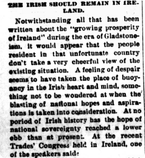 An article titled 'The Irish should remain in Ireland', published in American-Irish newspaper the Chicago Citizen, 1895.