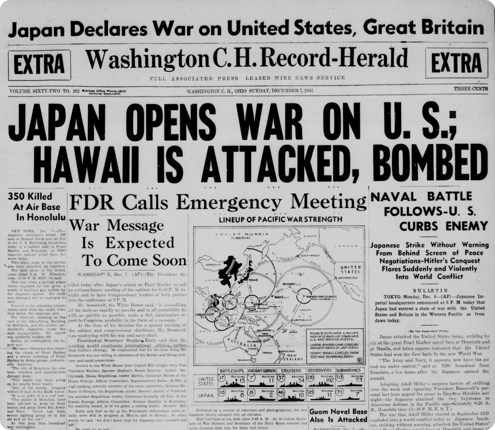 Pearl Harbor newspaper headline from the Washington CH Herald