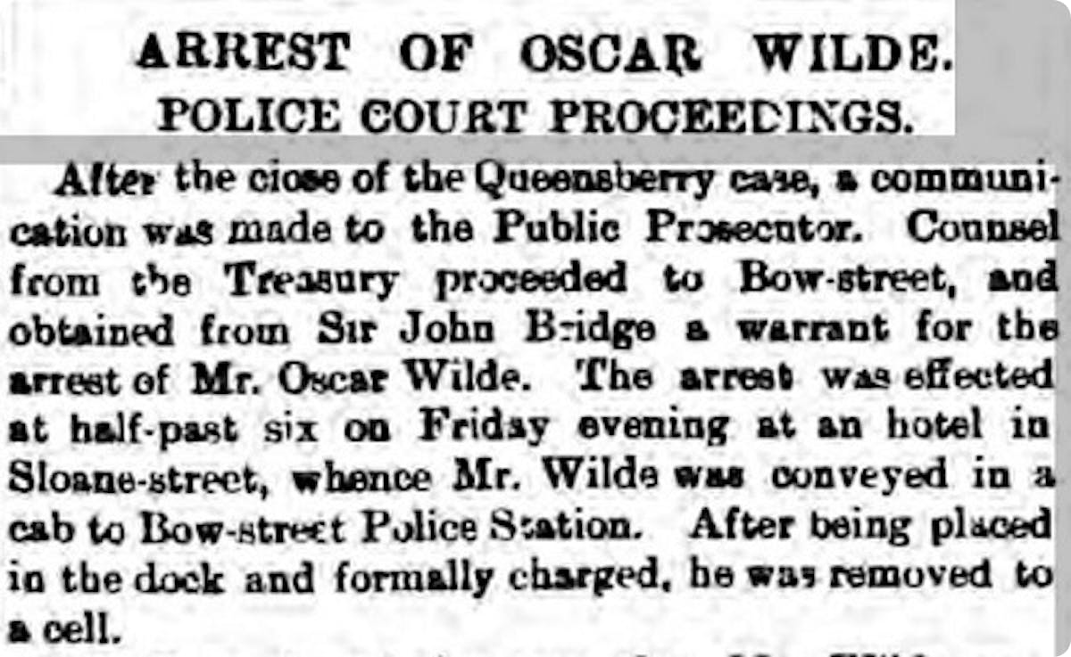 Oscar Wilde's arrest - newspaper report