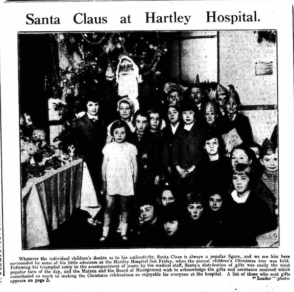 Santa Claus visiting the Hartley Hospital, 5 January 1934, found in the British Newspaper Archive.