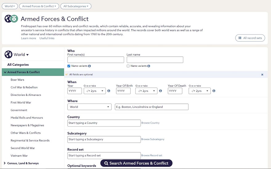 Findmypast military record search
