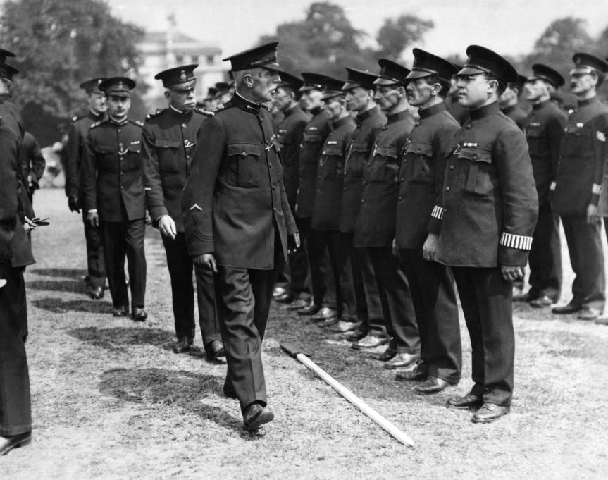 Colonel Reay C B E inspecting the Post Office Special Constabulary Reserves at Kensington Palace., July 1921, found in our Photo Collection.