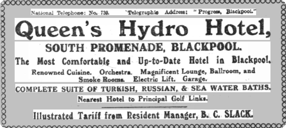 An advert for the Queen's Hydro Hotel, Blackpool, Sheffield Independent, 1916.