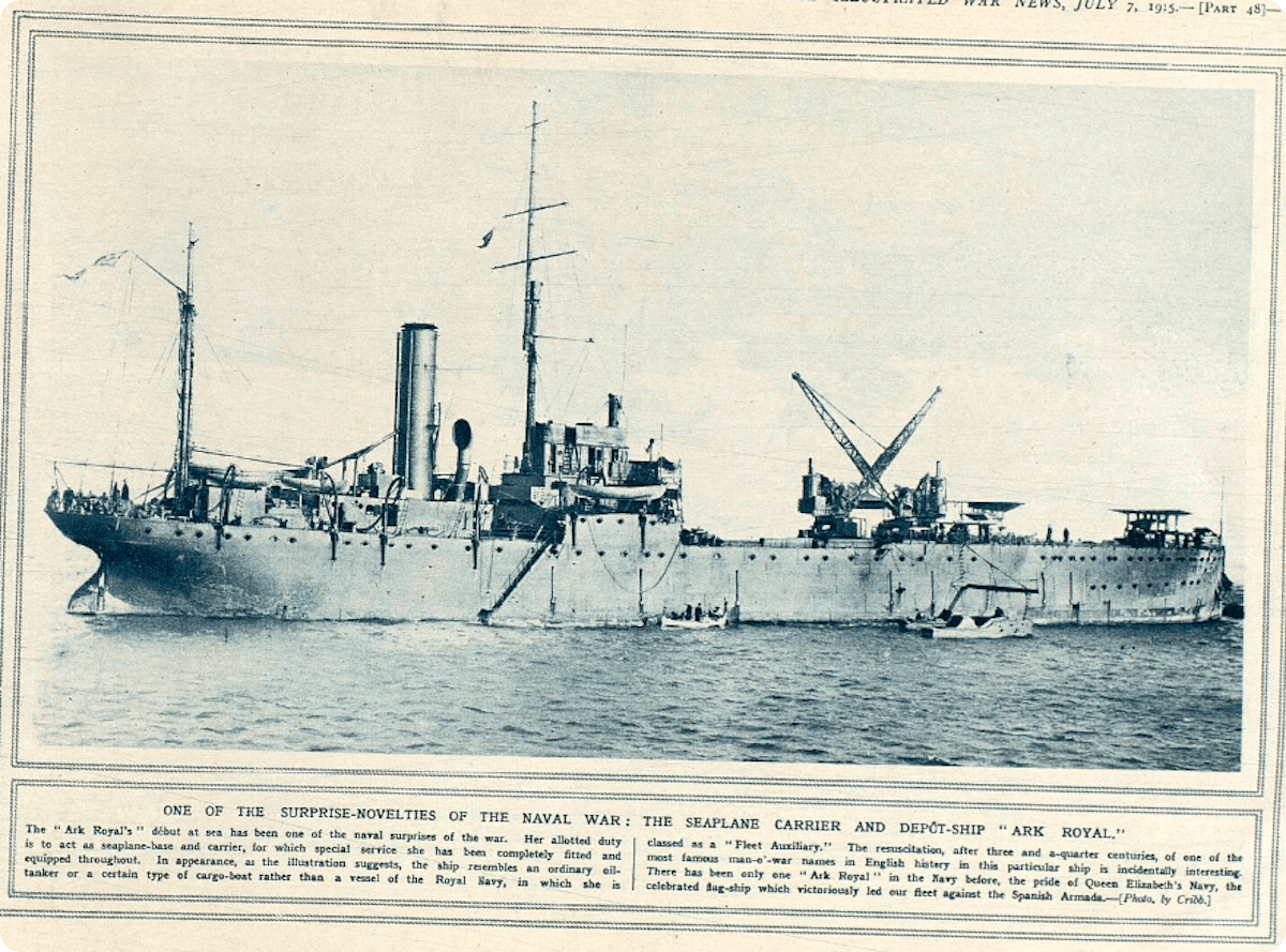 The Ark Royal makes her debut, as pictured in the Illustrated War News, 1915.