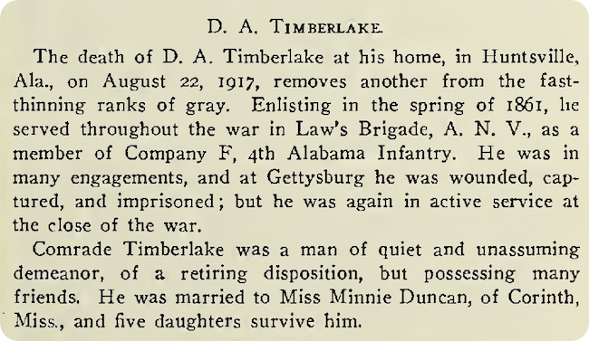 David Timberlake obituary in Confederate Veteran