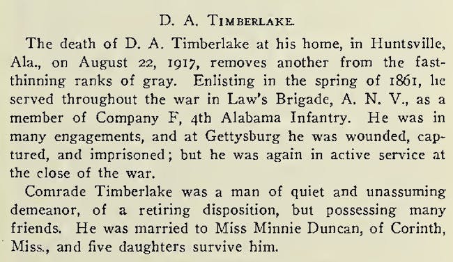 David Timberlake obituary in Confederate Veteran