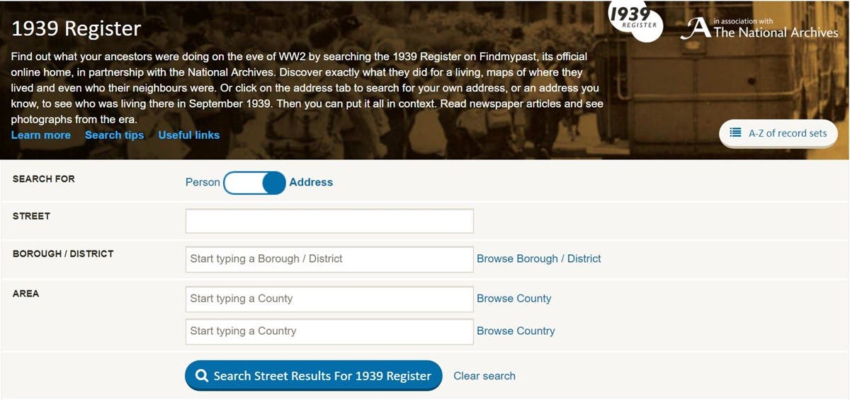 Screenshot of the form that can be used to search for an address in the 1939 on Findmypast register