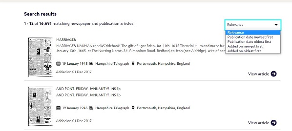Sorting newspaper search results on Findmypast