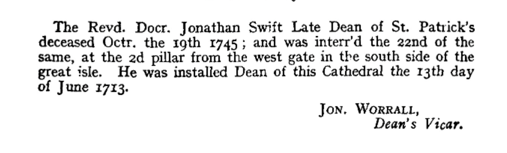 Jonathan Swift's burial record, 1745.