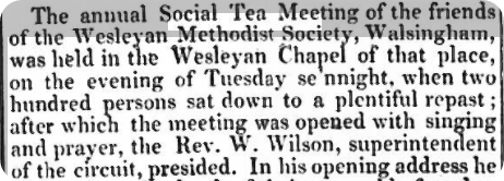 The detailing of the annual Social Tea Meeting at the Wesleyan Methodist Church, Norwich Mercury, 1841.