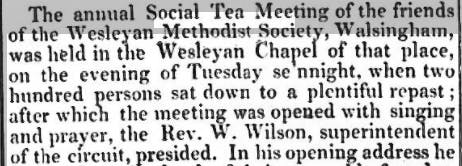 The detailing of the annual Social Tea Meeting at the Wesleyan Methodist Church, Norwich Mercury, 1841.