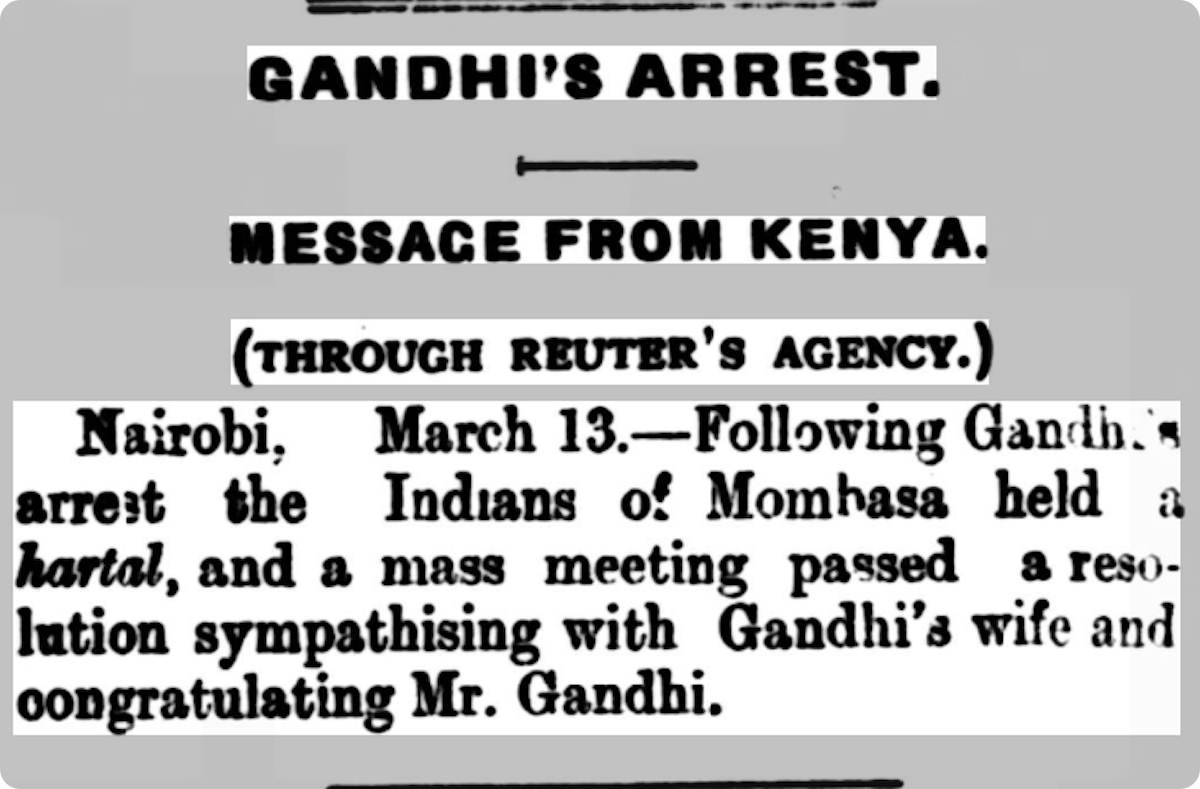 A report on Ghandi's arrest from Kenya, featured in the Civil and Military Gazette, 15 March 1922.