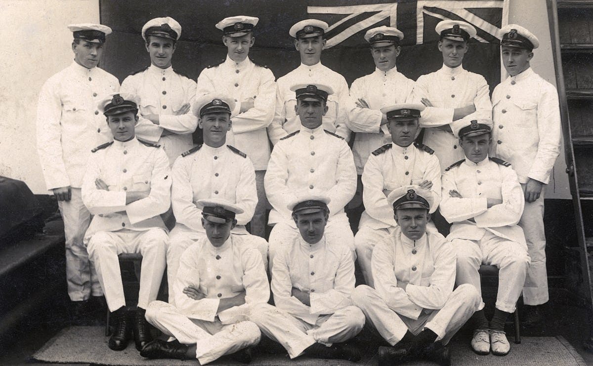 Black and white photo of a group of officers on the SS City of Manila, a cargo steamer of the Ellerman City Line