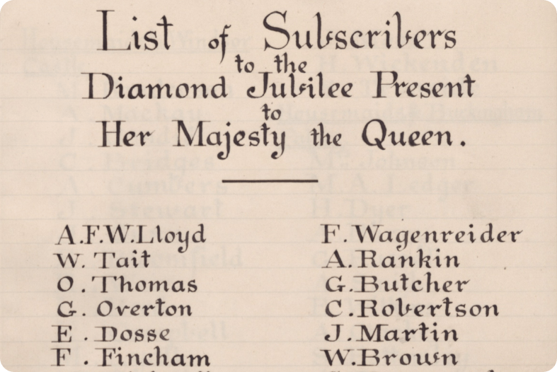 Records of staff who contributed to Queen Victoria's jubilee gift.