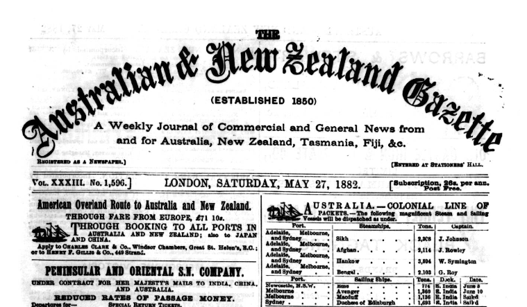 The Australia and New Zealand Gazette title page, 1882.