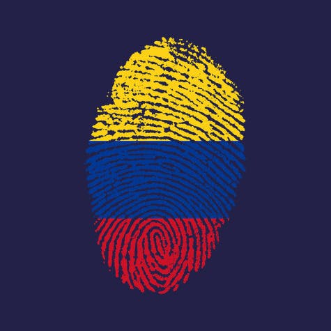 Illustration of a fingerprint coloured with the Colombian flag