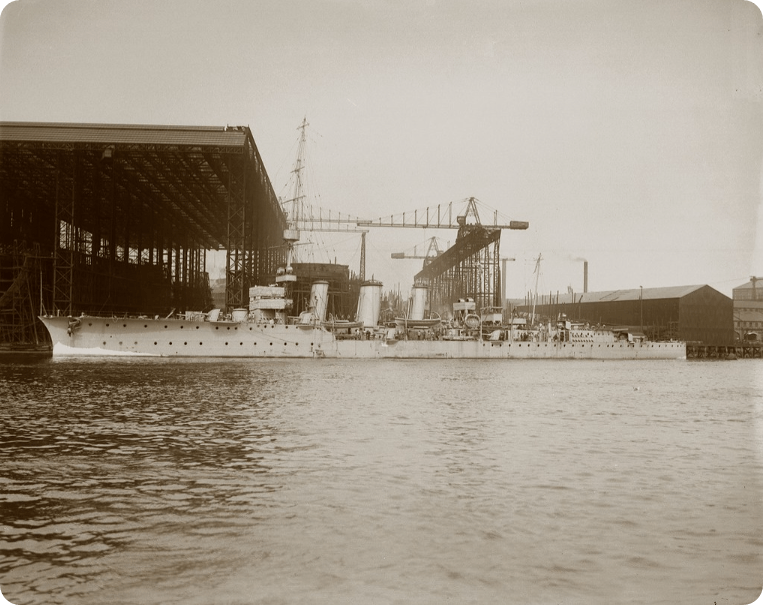 HMS Comus at Wallsend Shipyard, c.1915.
