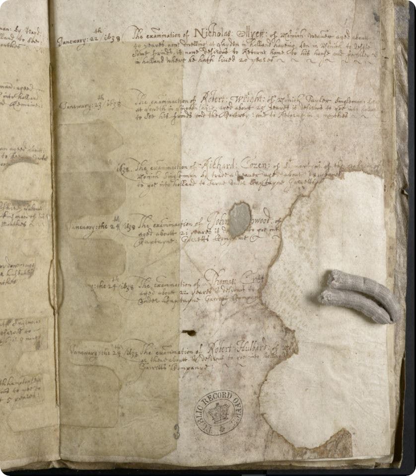 Photo of the original document from 1638 found in Britain, Registers Of Licences To Pass Beyond The Seas 1573-1677
