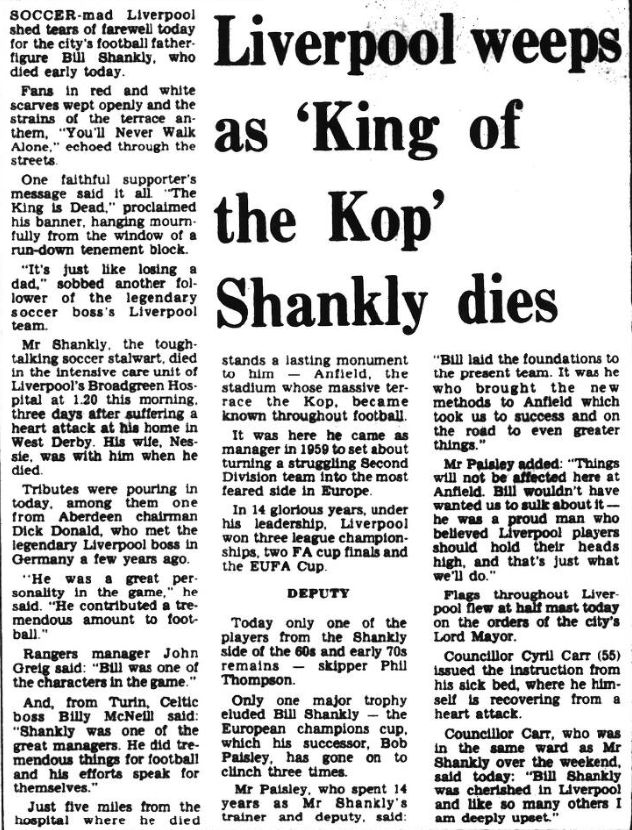 The Aberdeen Evening Express described Shankly as Liverpool's 'football father figure', 1981.