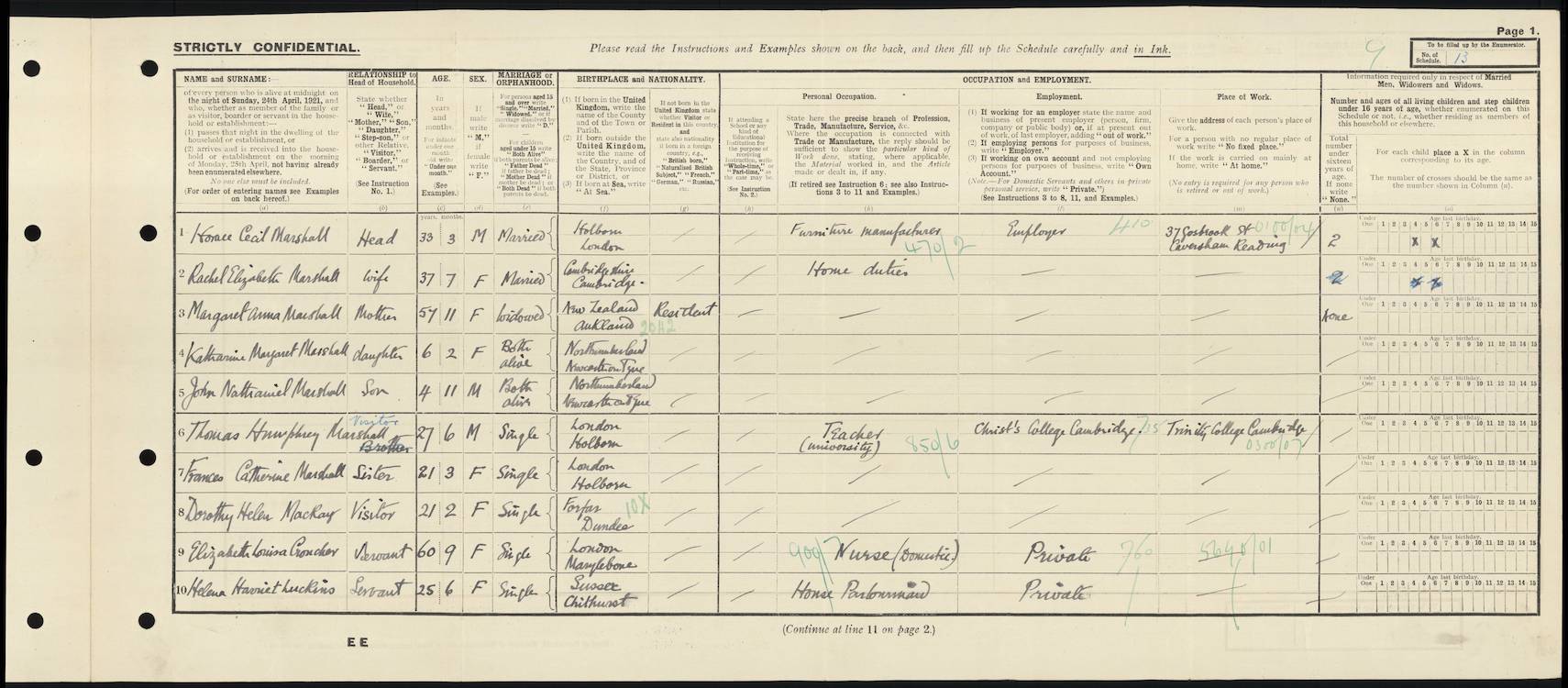 Frances Marshall living with family in 1921.