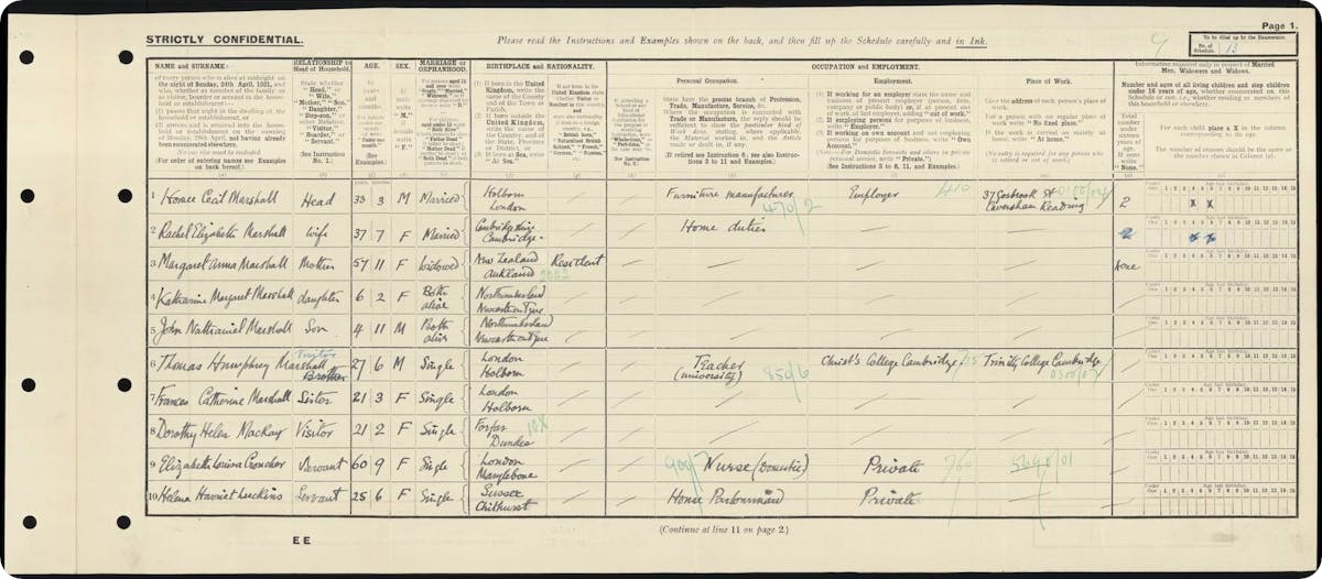 Frances Marshall living with family in 1921.