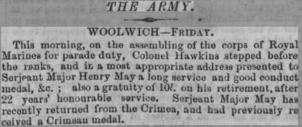 A Long Service Good Conduct medal awarded to Serjeant Major Henry May, London Evening Standard, 1856.