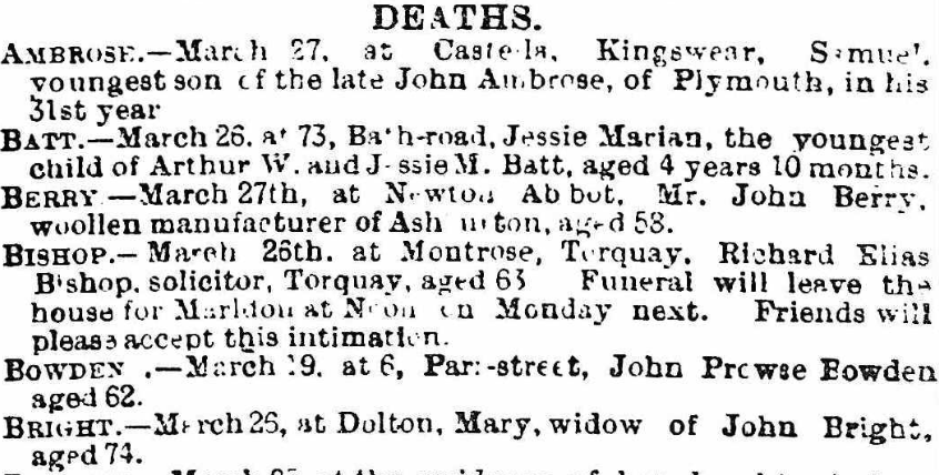 A snippet from our death notices, from 1889