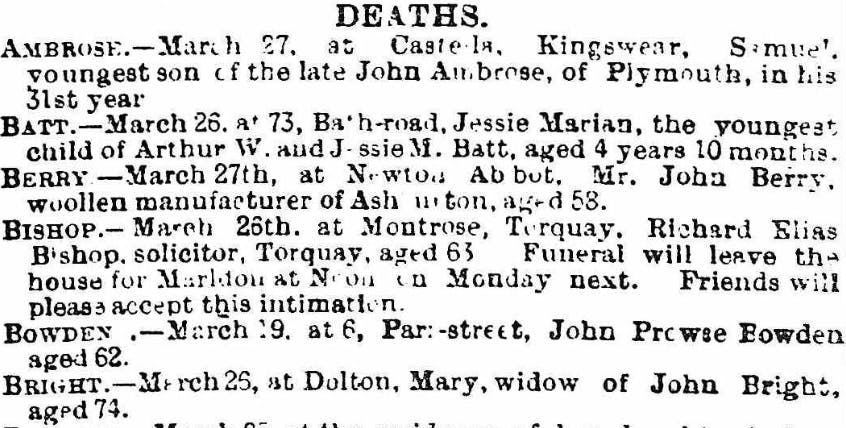 A snippet from our death notices, from 1889