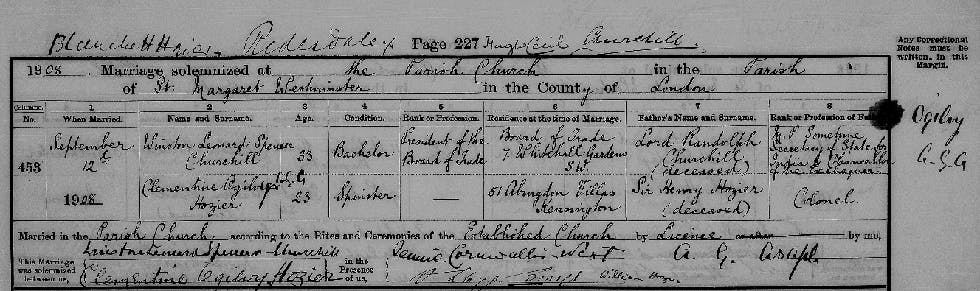 Winston Churchill and Clementine Ogilvy Hozier's marriage record