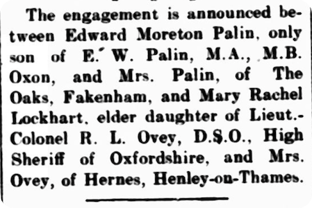 Michael Palin’s parents’ engagement announced in the Lynn Advertiser, 1927.