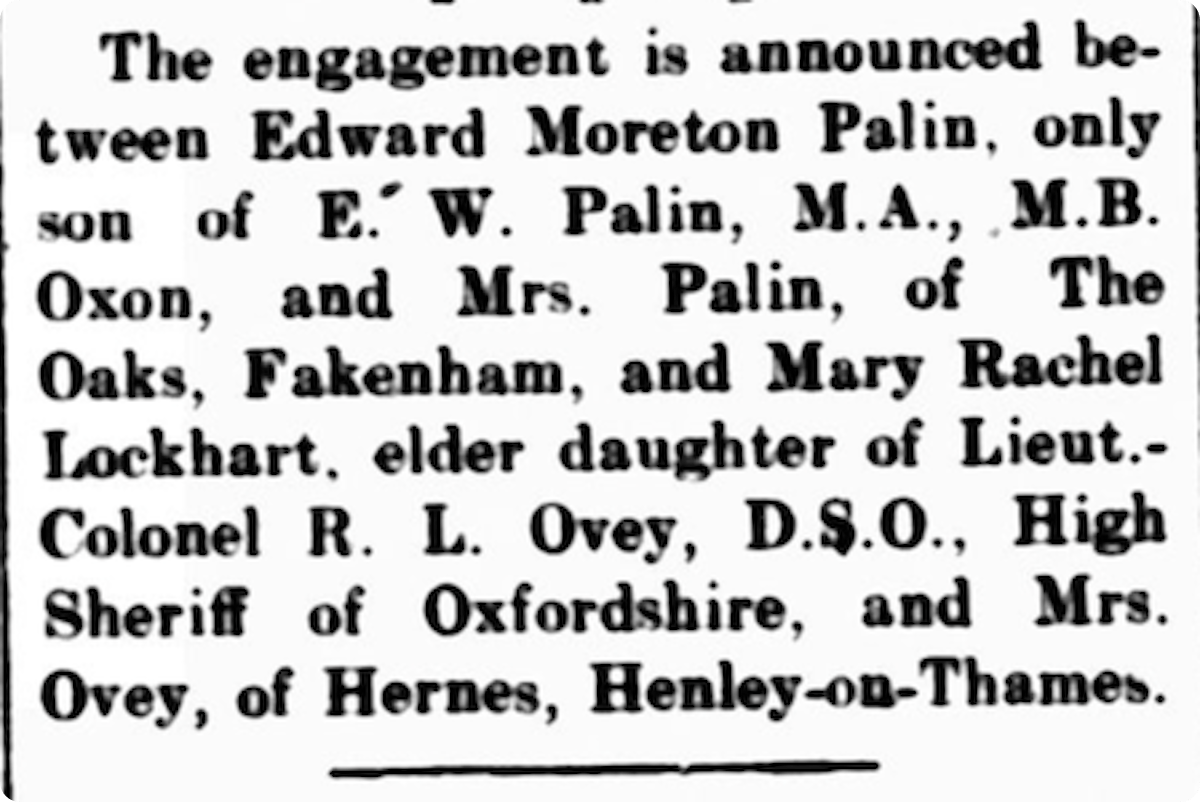 Michael Palin’s parents’ engagement announced in the Lynn Advertiser, 1927.