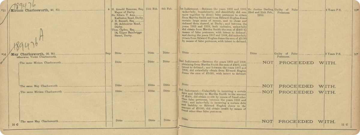 Miriam and May ‘Violet’ Charlesworth in our crime records, February 1910.