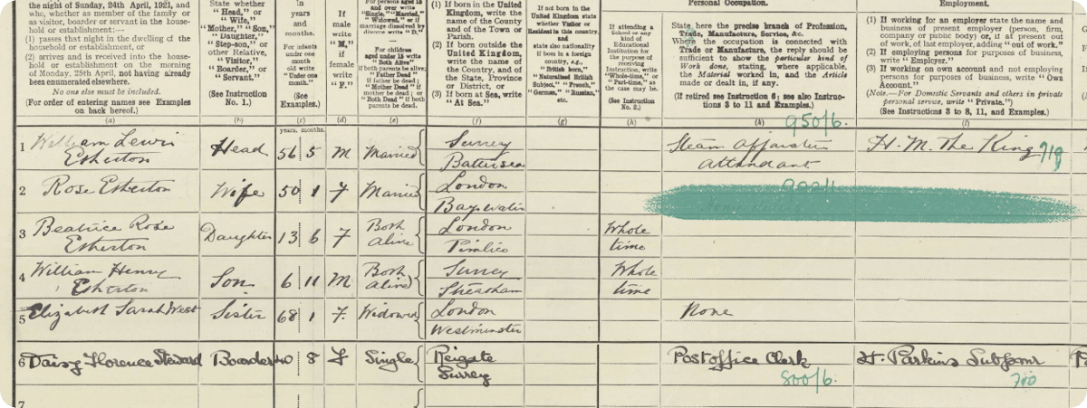 William Etherington in 1921 Census