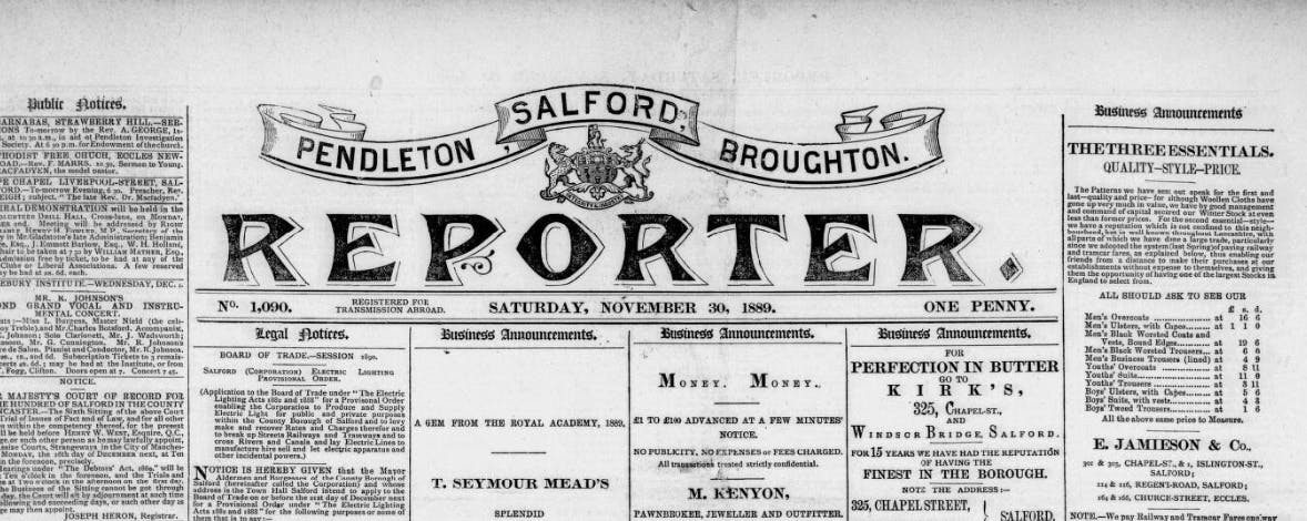 The Salford CIty Reporter front page, 1889.