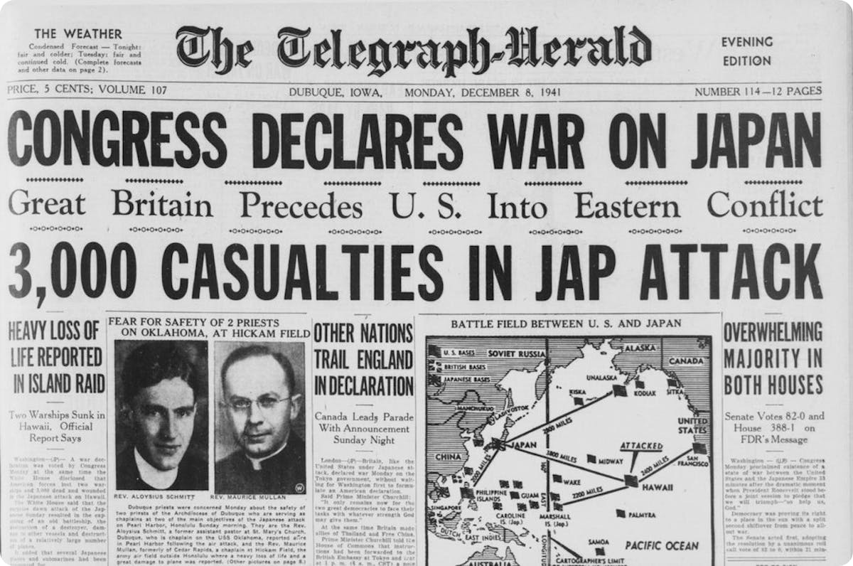 The Telegraph Herald Pearl Harbor headlines