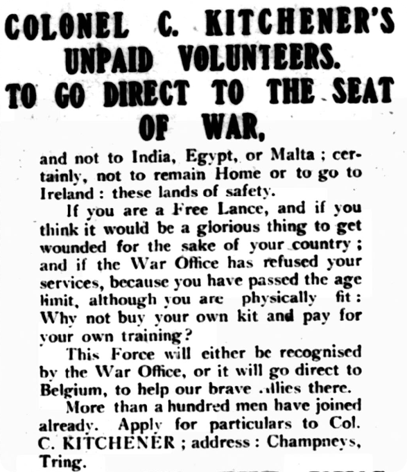 A newspaper call-out for Colonel Kitchener's new volunteer army, Westminster Gazette, 1914.