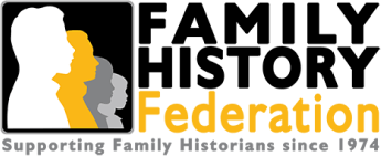 The Family History Federation Logo - side profiles of a family in greys and yellow against a black background