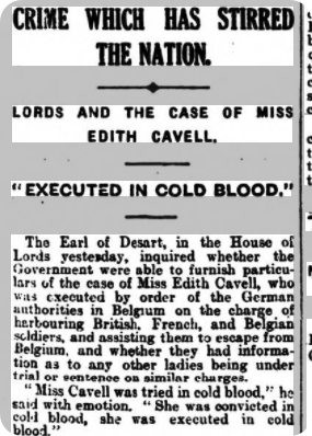 Edith Cavell's execution reported in a newspaper article.