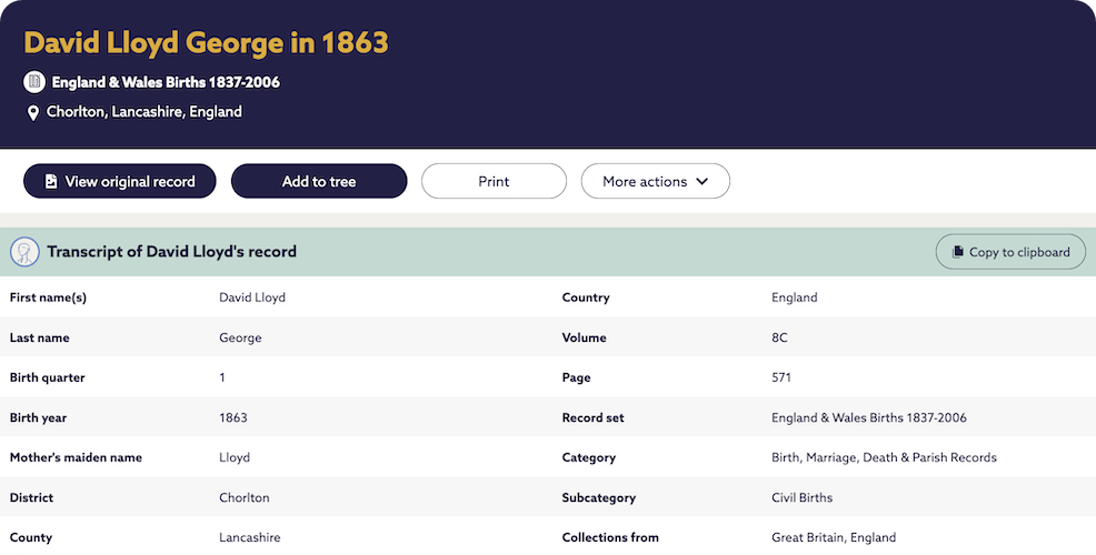 David Lloyd George birth record