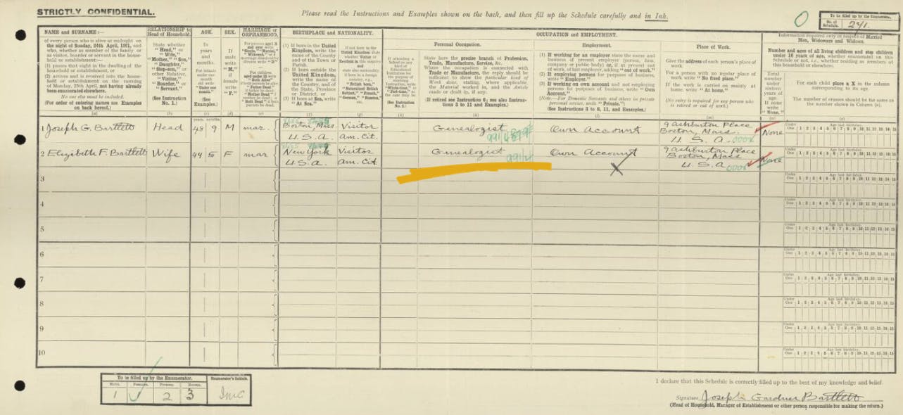 Joseph Bartlett's 1921 census return