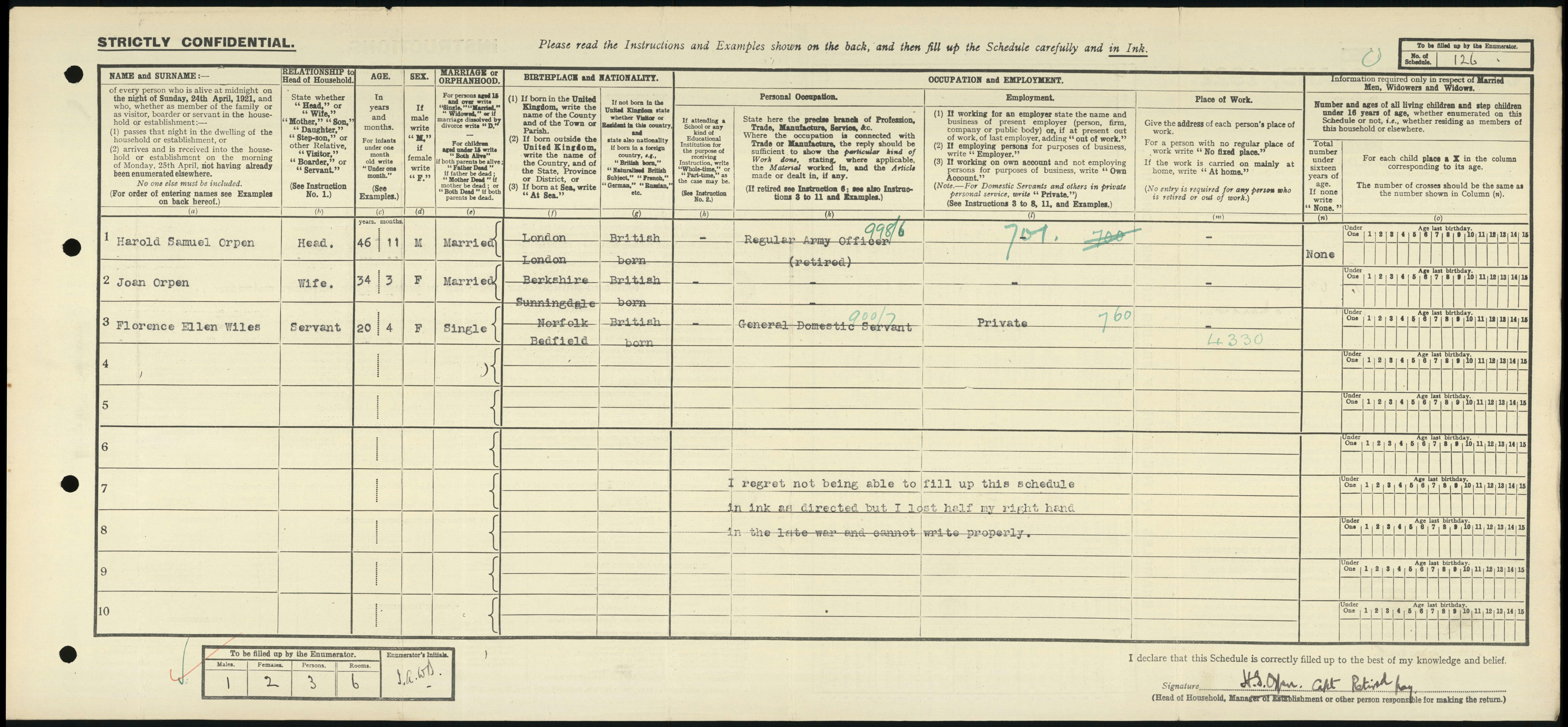 A typed 1921 Census return, stating the householder had lost his hand in the war.
