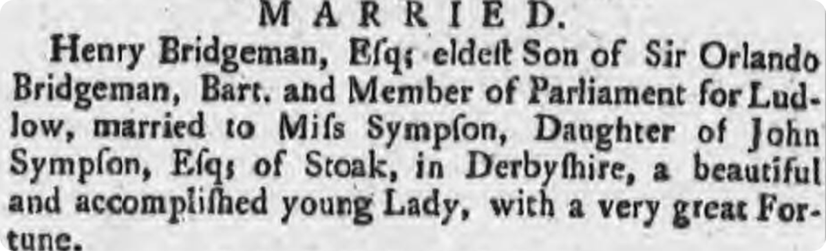 Henry Bridgeman marriage in the newspapers