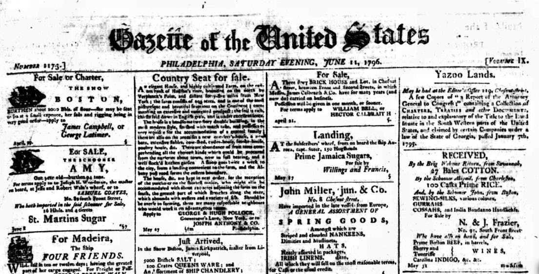 The title page of the Gazette of the United States, 1796.