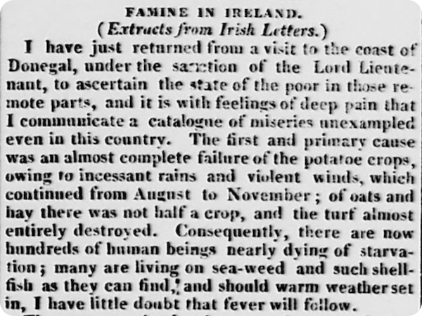 A letter in the Leicester Journal reporting on the Irish famine. 